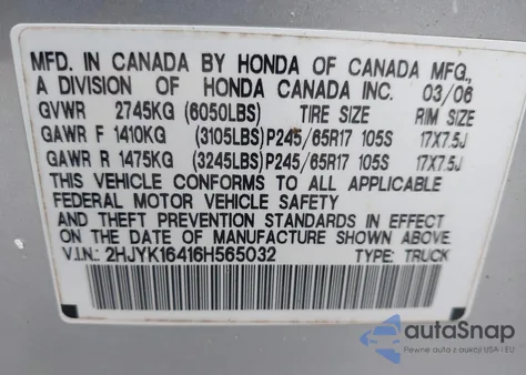 2006 Honda Ridgeline Rts из США, поврежденный, VIN 2HJYK16416H565032